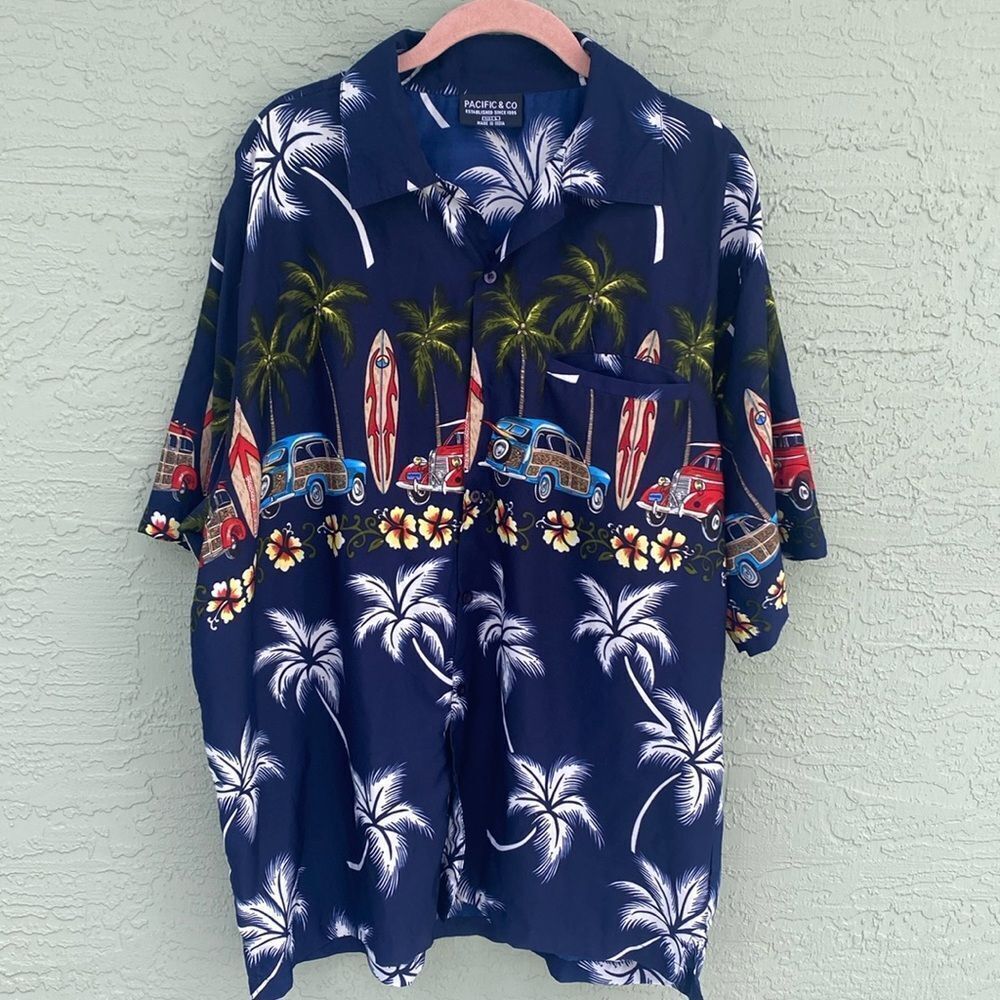 Pacific & Co Men's Size L Hawaiian Shirt Palm & Car Shirt Short Sleeve